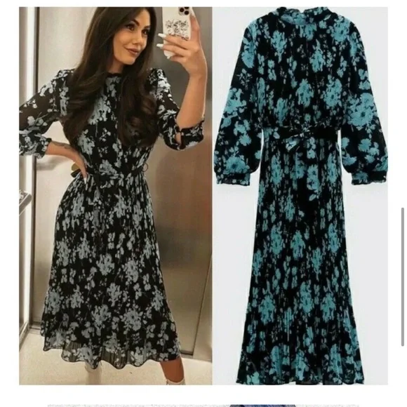 open lace back dress Pleated Floral Printed Tie Neck Knee Length Women Dress – Zara-Craft main image 0